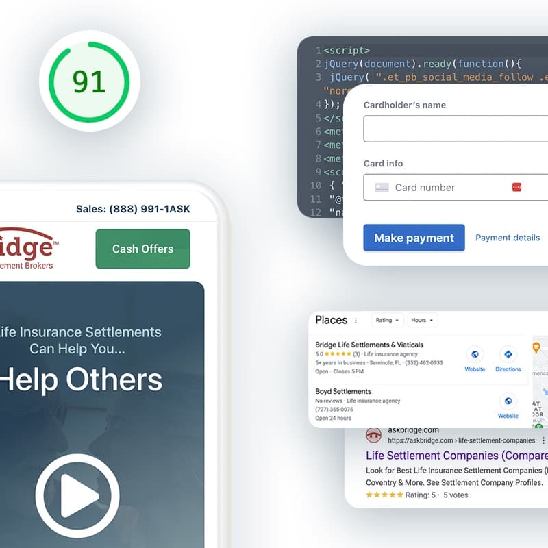 Pieces of one build overlapping — a life settlements site on a tablet, a card payment form, a page-speed score of 91, jQuery open in a code editor, and a Google search result beside a map listing