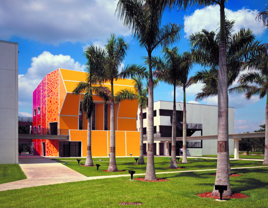 A completed commercial building in orange and pink, royal palms along the walkway