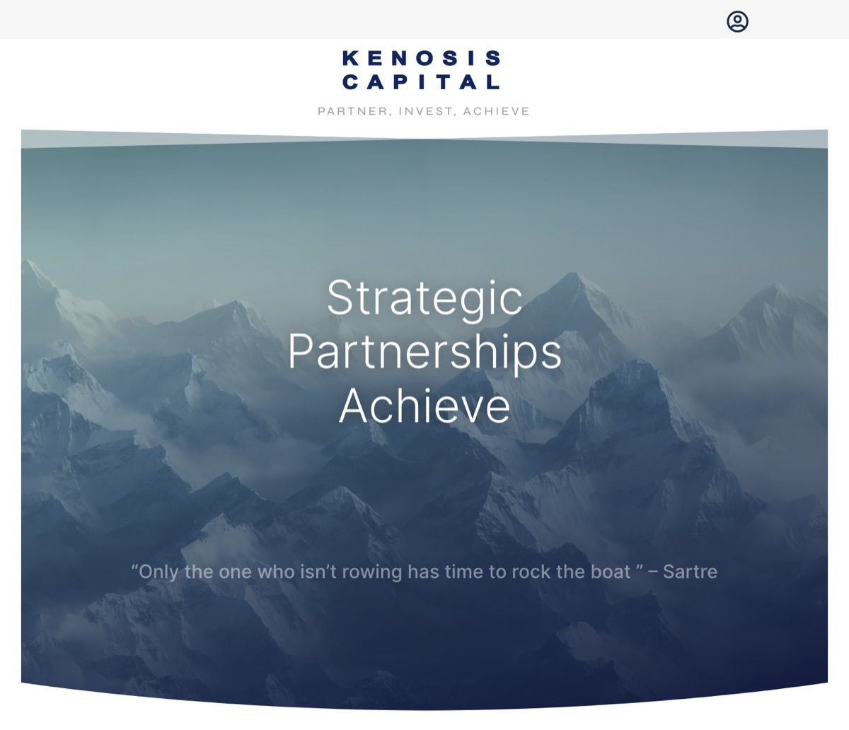 The Kenosis Capital homepage, its navy wordmark and the line “Partner, Invest, Achieve” above a photograph of snow-covered peaks headed “Strategic Partnerships Achieve”
