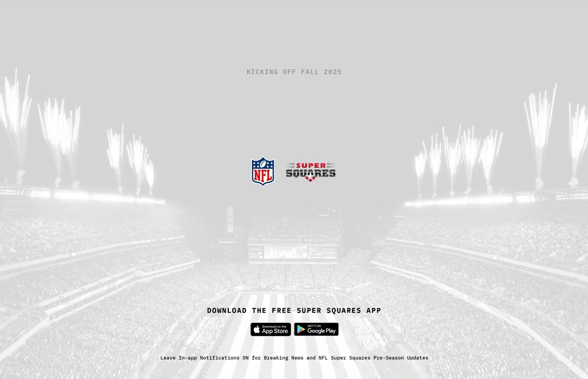 A pale stadium hero for the NFL Super Squares app, fireworks over a packed stadium, the NFL shield and Super Squares logo above App Store and Google Play badges