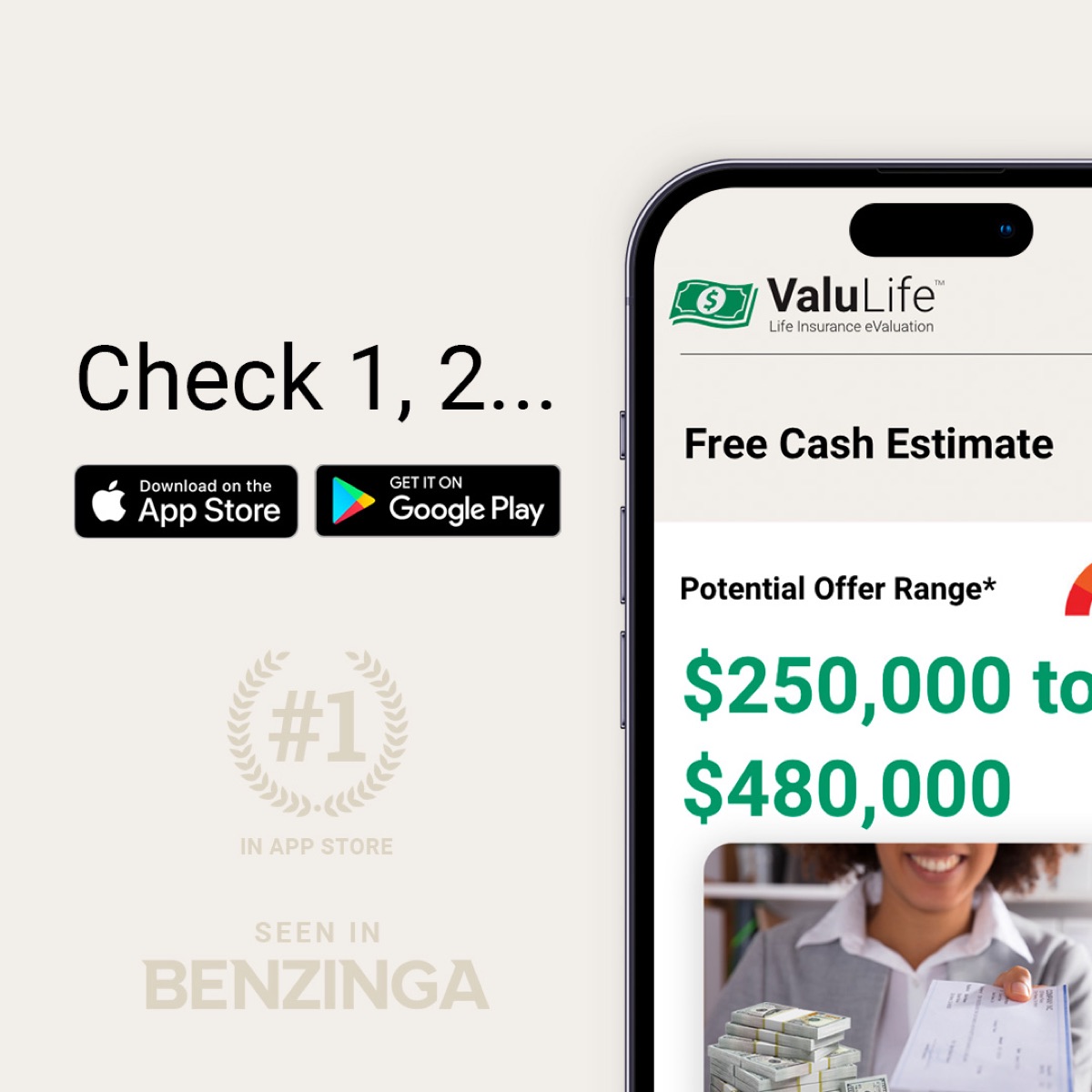 The ValuLife app on a phone, showing a potential offer range, beside App Store and Google Play badges